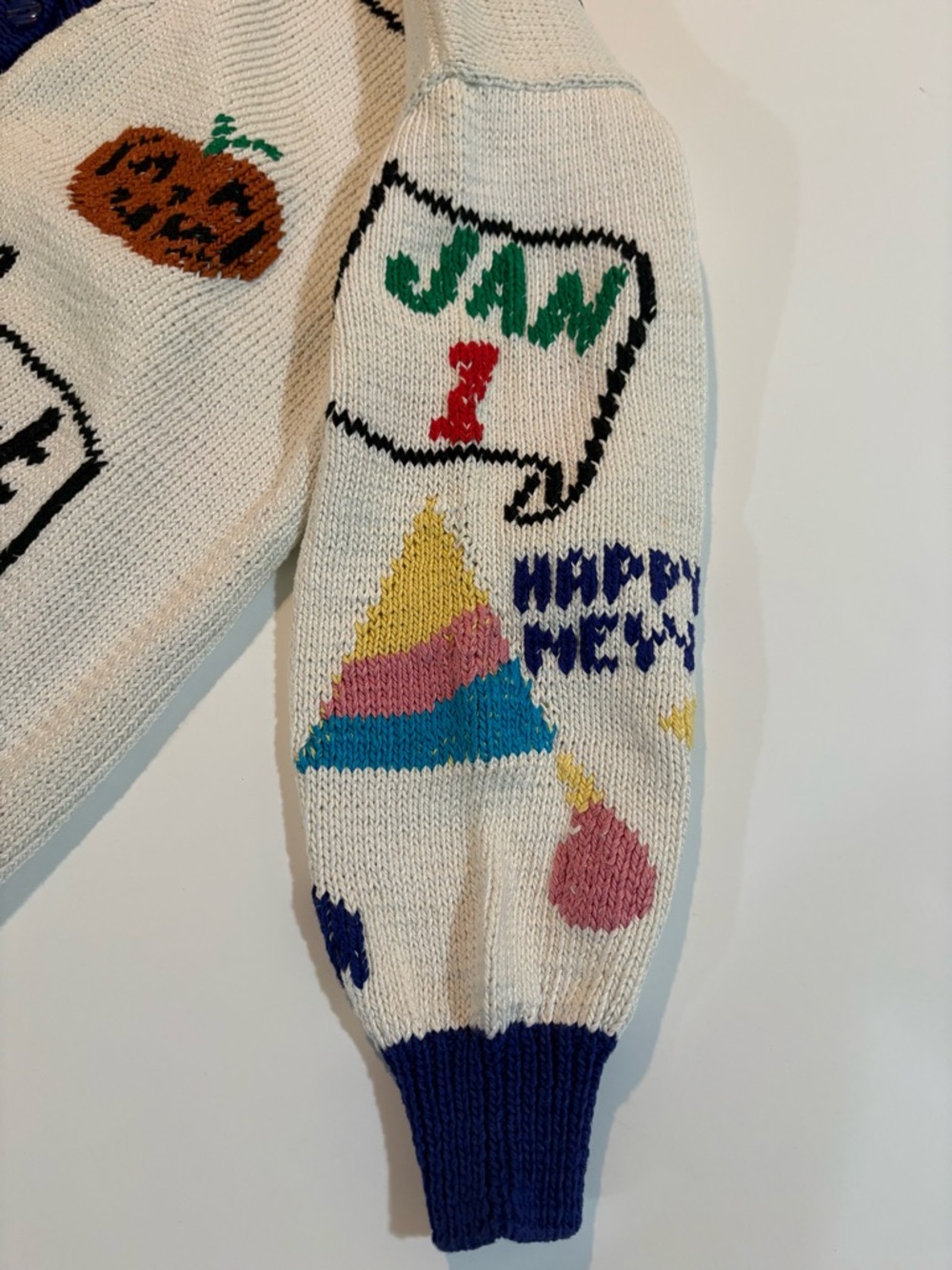 VINTAGE | Hand-Knit Holiday Calendar Cardigan - Cream with Navy Trim - Picture 6 of 12